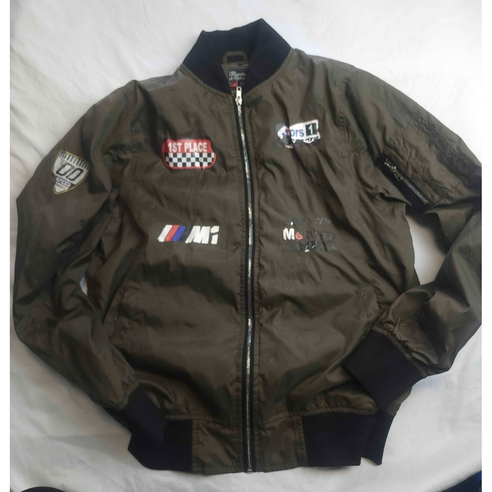 Bleecker & Mercer Bomber Jacket Mens M Green Racing Decals Streetwear Y2K